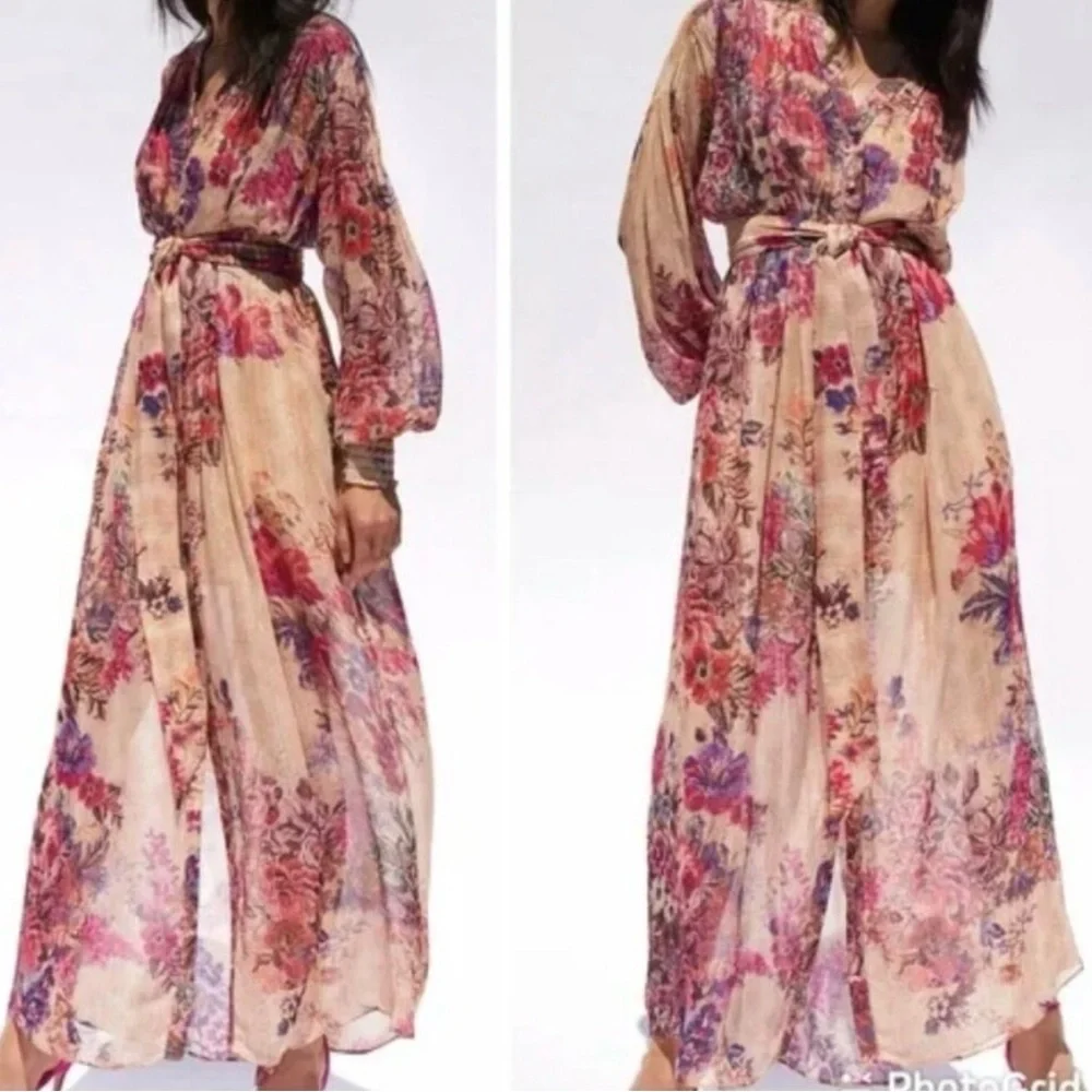 Hemant & Nandita Tara Sheer Floral Metallic Maxi Shirt Dress – M - Picture 3 of 8